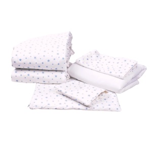 Set complet din 7 piese, lenjerie si aparatori, model Stelute mici bleu, patut 120x60 cm - Img 3