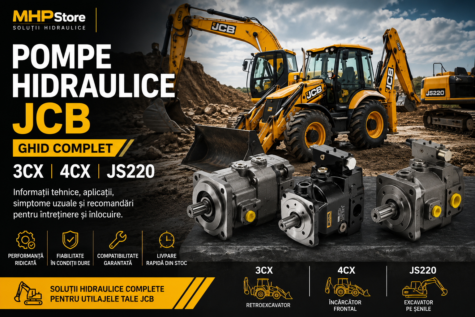 Pompe Hidraulice JCB — Ghid Complet: 3CX, 4CX, JS220 și Excavatoare JS. Coduri OEM, Tipuri și Înlocuire