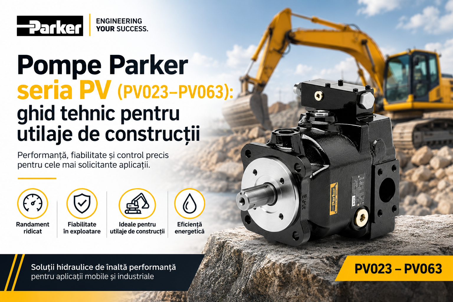 Pompe Parker seria PV (PV023–PV063): ghid tehnic pentru utilaje de construcții