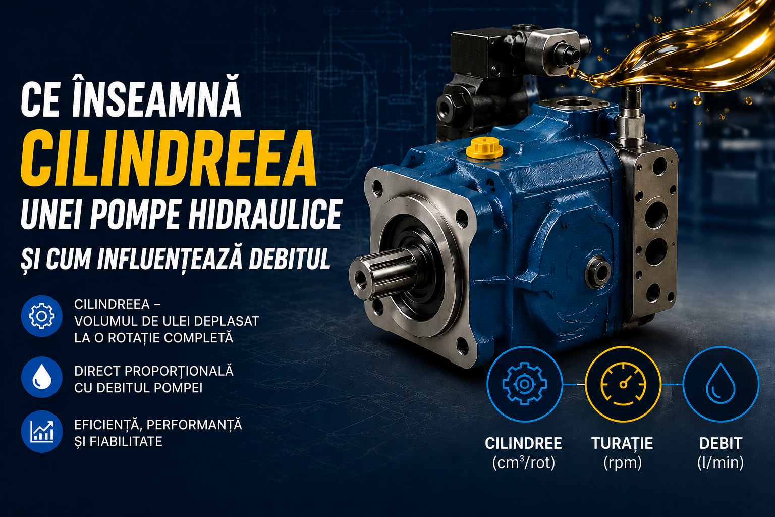 Ce este cilindreea unei pompe hidraulice și cum influențează debitul?