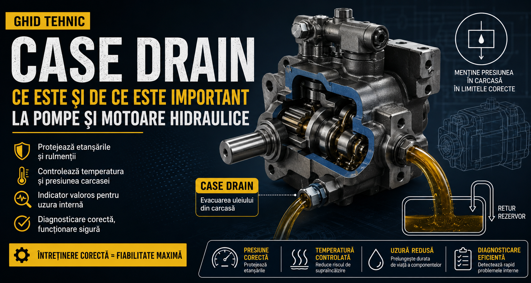 Ce este 'case drain' și de ce este important la pompele și motoarele hidraulice?