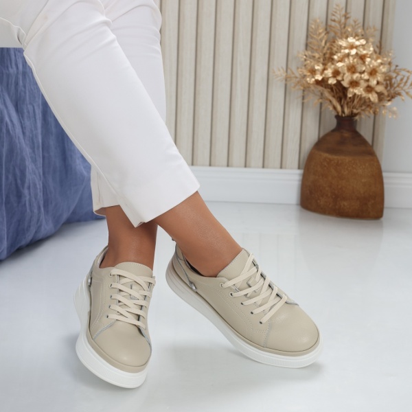 Novea Women's Casual Beige Natural Leather Shoes