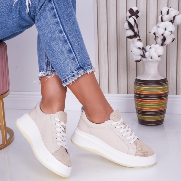 Women's Casual Beige Gold Natural Leather Shoes Lizy