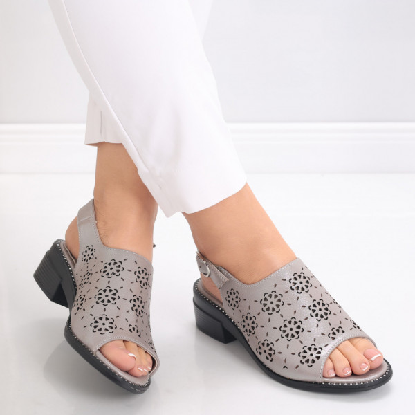 Дамски сандали Valita в сив цвят с ток от естествена кожа