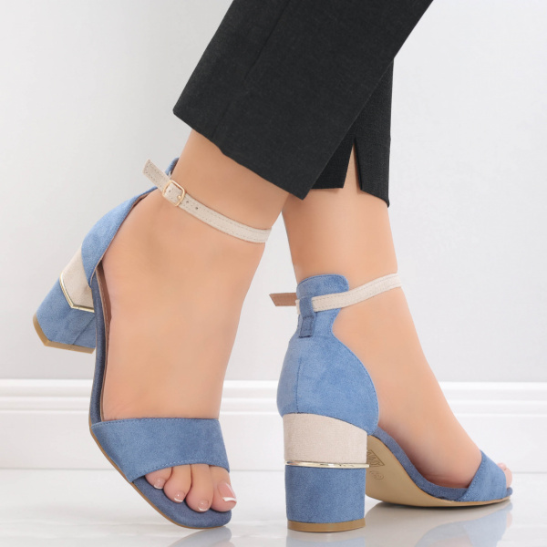 Дамски сини сандали на ток от екологична кожа jonel
