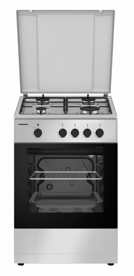 Aragaz pe gaz Heinner HFSC-SME50SL, 50X50 cm, 4 arzatoare, suport email, capac metalic, dispozitiv de siguranta plita si cuptor, usa cuptor cu geam dublu, duze GPL incluse, tava si gratar cromat, culoare Argintiu
