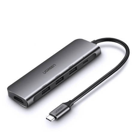4in1 UGREEN CM136 USB-C la HDMI 4K, 3x USB 3.0, PD tip C + adaptor hub AUX (gri)
