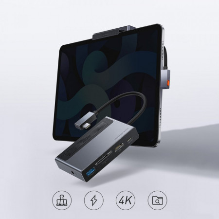 Adaptor HUB Baseus 6in1 multifunctional with power switch USB Type C - USB Type C Power Delivery 100 W / HDMI 4K 60 Hz / SD and microSD memory card reader / USB 3.2 Gen 1 / 3,5 mm mini jack gray (CAHUB-DA0G) - Img 4