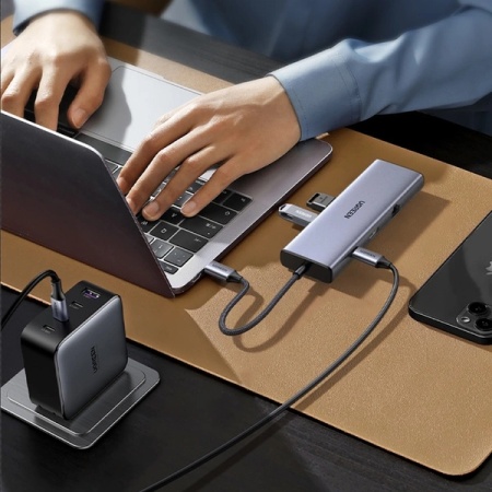 Adaptor Ugreen CM498 15600 USB-C - 3x USB-A 3.0 / HDMI / VGA / RJ45 / SD / cititor de carduri TF / USB-C PD - gri - Img 3