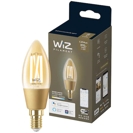 Bec LED inteligent vintage (decorativ) WiZ Connected Filament Whites, Wi-Fi, C35, E14, 4.9W (25W), 370 lm, temperatura lumina reglabila (2000K-5000K), compatibil Google Assistant/Alexa/Siri