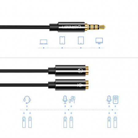 Cablu adaptor AUX Splitter mini jack 3,5 mm cu mufa microfon 20 cm negru (AV141 30620) - Img 7