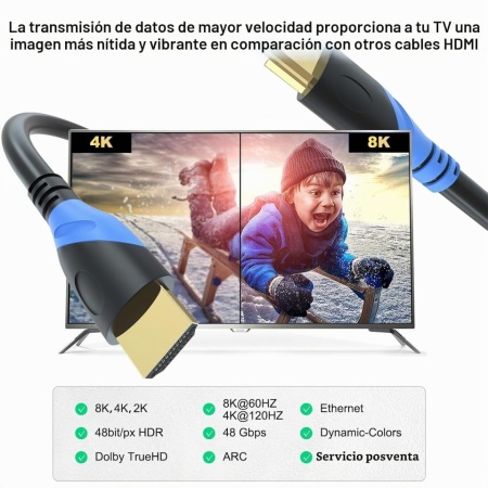 Cablu HDMI 2.0 4K/60Hz de 10 Metri (Viteză 18Gbps), Conectori Platiți cu Aur, Suport Ethernet, ARC și Video 3D, Compatibil PlayStation, PC, HDTV - Img 6