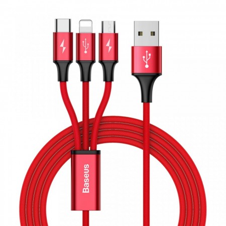 Cablu pentru incarcare pentru toate tipurile de dispozitive, Baseus Rapid USB, cu mufe Micro-USB, USB-C, Lightning, 3A, 1,2M, rosu