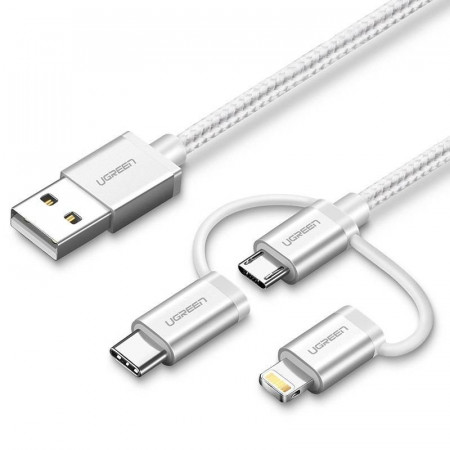 Cablu USB 3-in-1 UGREEN US186 Type-C / Micro USB / Lightning, 1m (Silver)