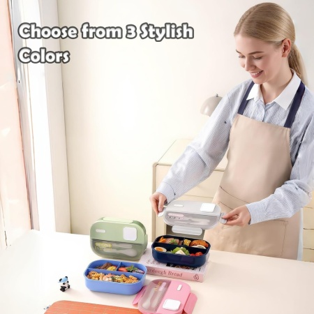 Casetă de Prânz tip Bento cu 3 Compartimente Echehi 1100 ml, Recipient pentru Prepararea Maselor cu Lingură și Furculiță Incluse, Compatibilă cu Cuptorul cu Microunde, pentru Adulți și Copii, Școală și Birou - Img 3
