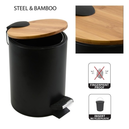 Coș de Gunoi cu Pedală pentru Baie Spirella ADONIS (Capacitate 3 L), Oțel Inoxidabil Negru Mat, Capac din Lemn de Bambus cu Închidere Lentă Easy-Close, Recipient Interior Detașabil, Ø 17 x 22.5 cm - Img 5