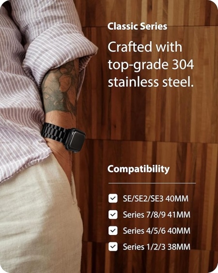Curea de ceas Fullmosa compatibilă cu Apple Watch, 41 mm, 40 mm, 38 mm, curele metalice din oțel inoxidabil pentru SE, seria 9/8/7/6/5/4/3/2/1 pentru bărbați și femei, curele iWatch, negru - Img 4