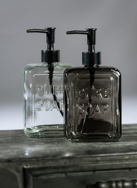 Dozator Reîncărcabil de Săpun Lichid din Sticlă Masivă 550 ml, Formă Cubică cu Muchii Verticale, Pompă Neagră Mată, Inscripție Pure Soap, pentru Baie și Bucătărie - Img 2