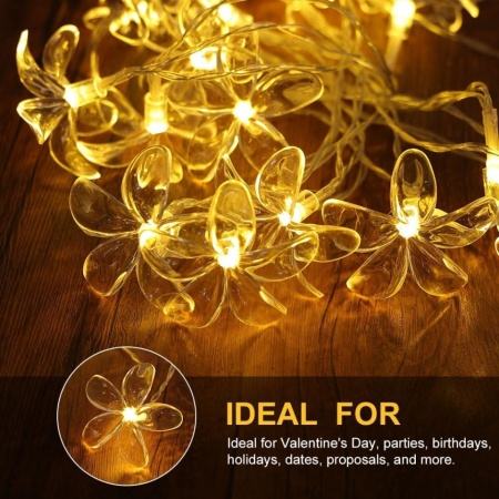 Ghirlandă Luminoasă LED Flori de Cireș (Cherry Blossom) 3 m, 20 LED-uri Lumină Caldă, Alimentare cu Baterii 3x AA, Fir Flexibil din Cupru, 2 Moduri de Iluminare (Continuu / Intermitent), Rezistentă la Apă, Decor Interior și Exterior - Img 2