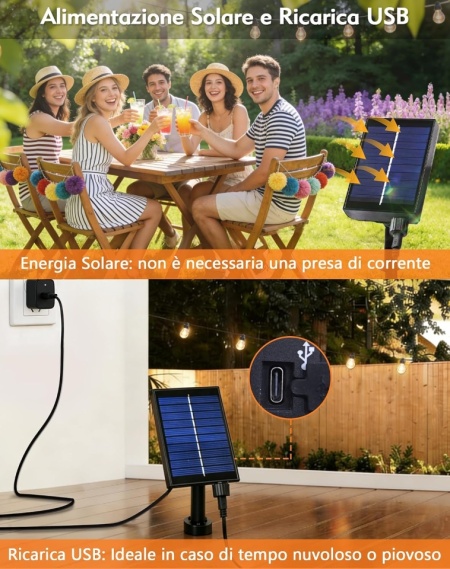 Ghirlandă Solară Luminoasă de Exterior 10 m cu 15+1 Becuri LED G40, 8 Moduri Iluminare, Telecomandă, Încărcare Dublă Solar și USB, Baterie 1800 mAh, Impermeabilă IP44, Lumină Caldă 2700K, pentru Grădină, Terasă și Foișor - Img 3