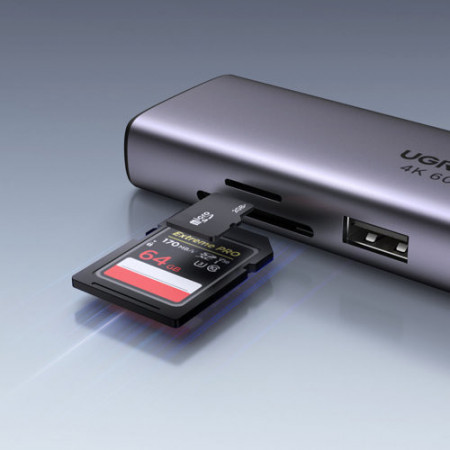 HUB multifunctional Ugreen 7in1 USB Type C - 2x USB 3.2 Gen 1 / HDMI 4K 60Hz / Cititor de carduri SD și TF / USB Tip C PD 100W / RJ45 1000Mbps (1Gbps) gri (60515 CM512) - Img 2