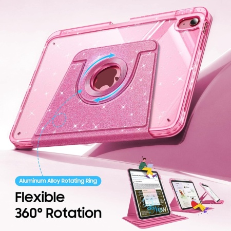 Husă Rotativă 360° Fintie pentru iPad 11 Gen (A16, 11") și iPad 10 Gen (10.9"), Suport Apple Pencil, Funcție Auto Sleep/Wake, Spate Hibrid PC+TPU, Roz cu Sclipici (Glittering Pink) - Img 7
