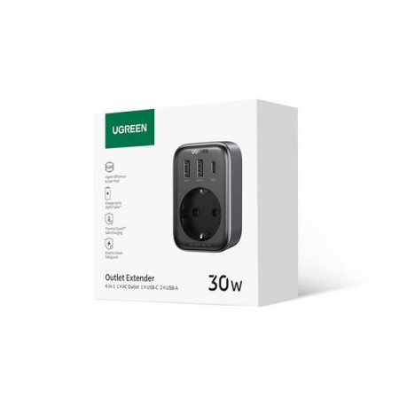 Incarcator de perete 30W (2xUSB/USB C/AC) / adaptor EU - EU 13A Ugreen CD314 - negru - Img 2