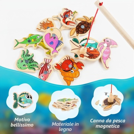 Joc de Pescuit Magnetic din Lemn Montessori, Puzzle 14 Piese cu Tablă Suport și Undiță Magnetică, Peștișori Colorati cu Litere în Engleză, Jucărie Educativă de Dexteritate pentru Copii 3+ Ani - Img 6