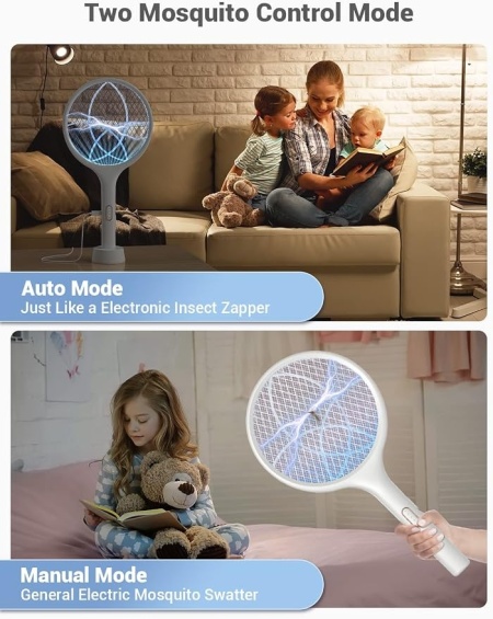 Paletă electrică anti-insecte și țânțari 4000V, mod dublu de funcționare (manual și lampă UV), reîncărcabilă USB, plasă de protecție pe 3 straturi, Alb - Img 2