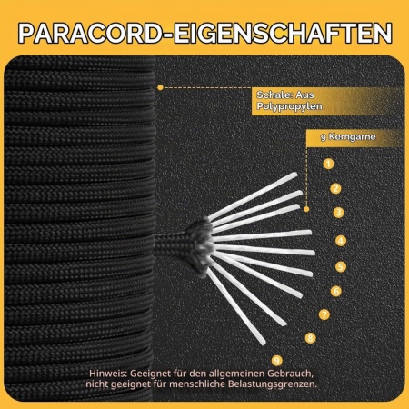 Paracord Negru Romon 4 mm, Coardă de Supraviețuire Tip 550 din Nailon cu 7 Fire Interioare, Rezistență 250 kg, Rolă 50 m, Ideal pentru Camping și Drumeții - Img 6