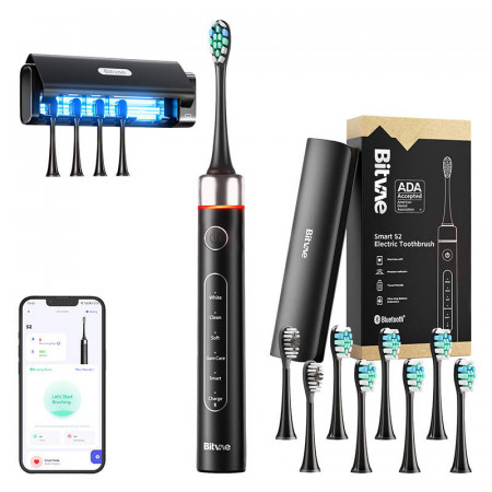 Periuta de dinti sonica cu aplicatie si set de varfuri, husa de calatorie si sterilizator UV S2+HD2, negru