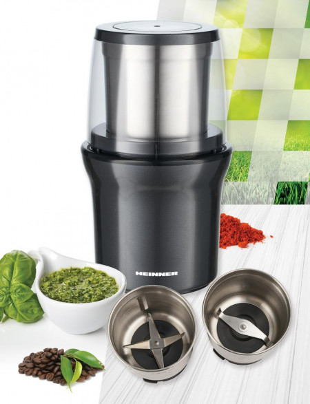Rasnita electrica Heinner HCG-200DGIX2, rasnire umeda si uscata, 200 W, 70g, 2 recipiente, carcasa inox, Gri - Img 4