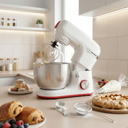 Robot de bucatarie Heinner HPM-1000WH, 1000W, miscare planetara, accesoriu masina de tocat si blender, bol 5.5 L, 10 viteze + pulse, Alb - Img 5