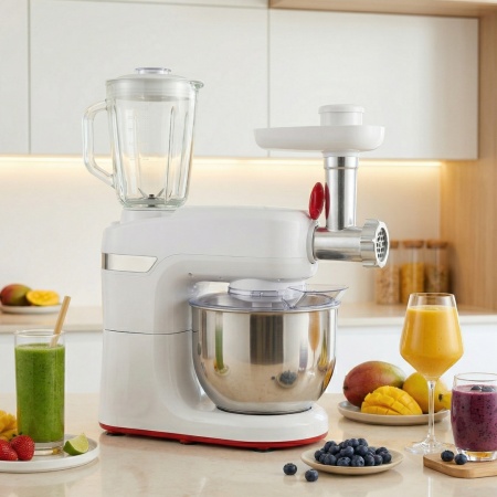 Robot de bucatarie Heinner HPM-1000WH, 1000W, miscare planetara, accesoriu masina de tocat si blender, bol 5.5 L, 10 viteze + pulse, Alb - Img 15