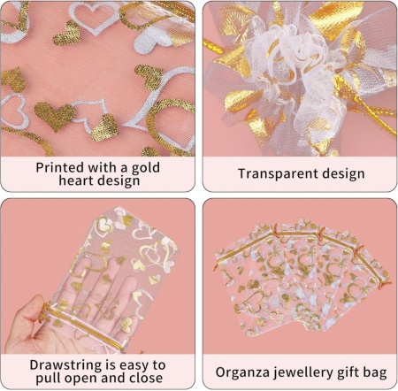 Set 100 Săculeți din Organza Transparentă cu Inimioare Aurii, Șnur Textil, 10 x 15 cm (4x6 Inch), pentru Mărturii Nuntă, Botez, Bijuterii, Cadouri și Cosmetice - Img 3