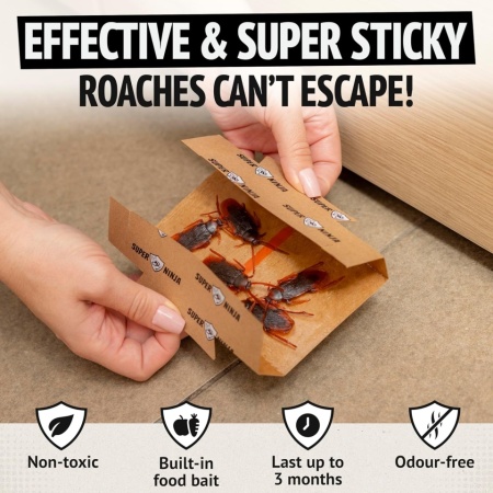 Set 12 Capcane Adezive cu Momeală Alimentară pentru Gândaci de Bucătărie Super Ninja, Adeziv Ultra-Puternic Fără Toxine, Sigur pentru Copii și Animale, Protecție Continuă Până la 3 Luni, Carton Reciclat, pentru Casă, Bucătărie și Garaj - Img 6