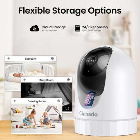 Set 2 camera de securitate interior Cinnado 2K WiFi 2.4G si audio, sirena card SD 24/7, cloud (optional), compatibil cu Alexa si Google Home - Img 4