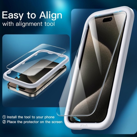 Set 3 Folii de Protecție din Sticlă Securizată JETech pentru iPhone 15 Pro Max, Duritate 9H, Ultra-Transparente, cu Cadru de Montare - Img 7