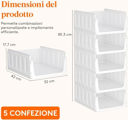 Set 5 Cutii Modulare de Depozitare cu Sertar Lifewit, Capacitate 24L per Unitate, Sistem Suprapozabil Anti-Cădere, Organizator Haine și Dressing, Alb - Img 9