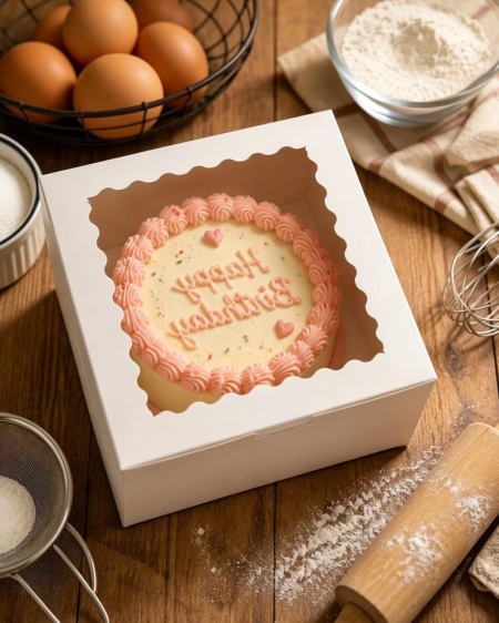 Set 5 Cutii pentru Tort cu Fereastră și 5 Baze Rotunde Cartonate de 25x25 cm, Albe - Img 2
