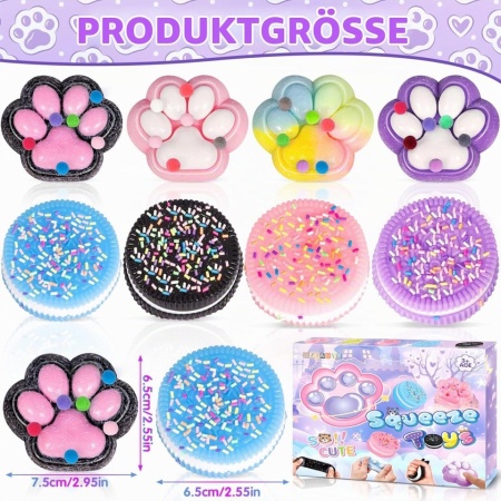 Set 8 Jucării Anti-Stres Mochi Squishy (4 Biscuiți și 4 Lăbuțe de Pisică), Jucării Senzoriale Kawaii pentru Relaxare și Cadouri, Material Flexibil și Plăcut la Atingere - Img 5