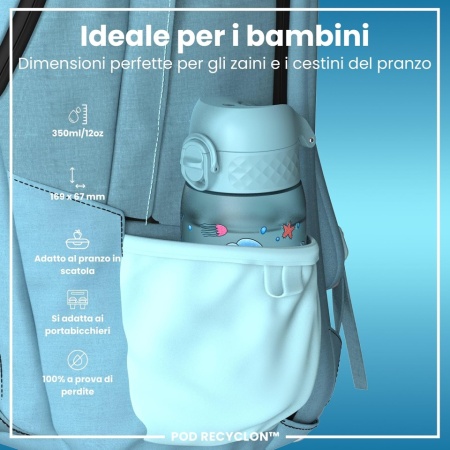 Sticlă de Apă pentru Copii ION8 350 ml, Etanșă Anti-Scurgere (Leak Proof), Capac cu Deschidere Rapidă One-Touch și Blocare de Siguranță, Mâner Integrat, Fără BPA din Recyclon®, Compatibilă cu Mașina de Spălat Vase, Model Blue Unicorns - Img 7