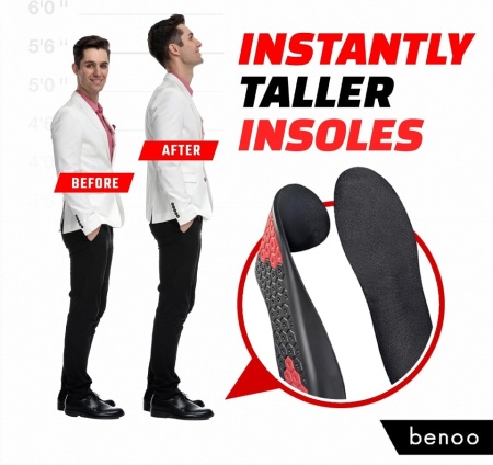 Tălpici Înălțători pentru Bărbați Benoo (+2.5 cm / +1 Inch), Branțuri Invizibile din Gel cu Absorbție a Șocurilor, Mărime Ajustabilă 43-45 (US 10-11.5), Negru - Img 5
