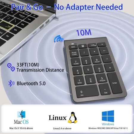 Tastatură Numerică Wireless Bluetooth cu 22 de Taste, Numpad Portabil Slim cu Conexiune Bluetooth 5.0, Taste Silențioase de Tip Foarfecă, Compatibilă Laptop, MacBook, Windows, macOS, Android și iOS - Img 2