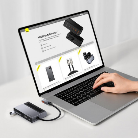 Adaptor HUB Baseus 6in1 multifunctional with power switch USB Type C - USB Type C Power Delivery 100 W / HDMI 4K 60 Hz / SD and microSD memory card reader / USB 3.2 Gen 1 / 3,5 mm mini jack gray (CAHUB-DA0G) - Img 5