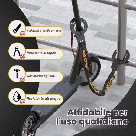 Antifurt / Lacăt tip Cătușă pentru Trotinetă Electrică și Bicicletă AMZLOCK, Lungime 90 cm, Greutate 1.2 kg, Oțel aliat, Închidere Automată One-Touch, Include 3 Chei, Negru - Img 2