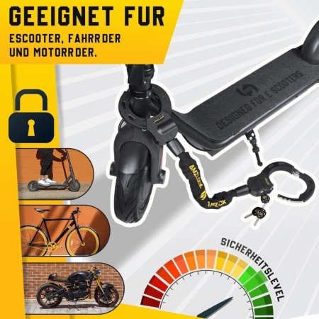 Antifurt Tip Cătușe pentru Trotinetă Electrică și Bicicletă AMZLOCK, Lanț Oțel Ranforsat 8 mm x 75 cm, Protecție Silicon Anti-Zgârieturi, Greutate 1.6 kg, Include 3 Chei și Geantă Impermeabilă 3L - Img 2
