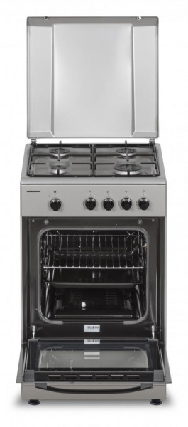 Aragaz pe gaz Heinner HFSC-SME50SL, 50X50 cm, 4 arzatoare, suport email, capac metalic, dispozitiv de siguranta plita si cuptor, usa cuptor cu geam dublu, duze GPL incluse, tava si gratar cromat, culoare Argintiu - Img 2