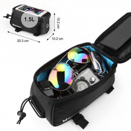 Borseta bicicleta Wozinsky cu husa telefon impermeabila pentru telefoane pana in 6.5 inch, cablu jack 3.5 mm inclus , montare pe cadru , 1.5 L , neagra - Img 4
