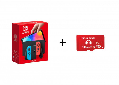 Bundle Consola Nintendo Switch OLED (Neon Blue/ Red Joy - Con) + Card de memorie SanDisk micro SDXC pentru Nintendo Switch